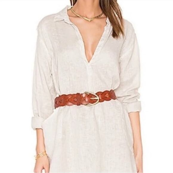 CP Shades Tan 100% Linen Stripe Long Sleeve Lagenlook V Neck Tunic Top Medium - Picture 1 of 15